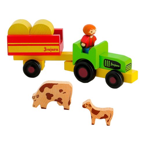 Jeujura fa építőkészlethez fa figurák Farmer traktorral 7 db